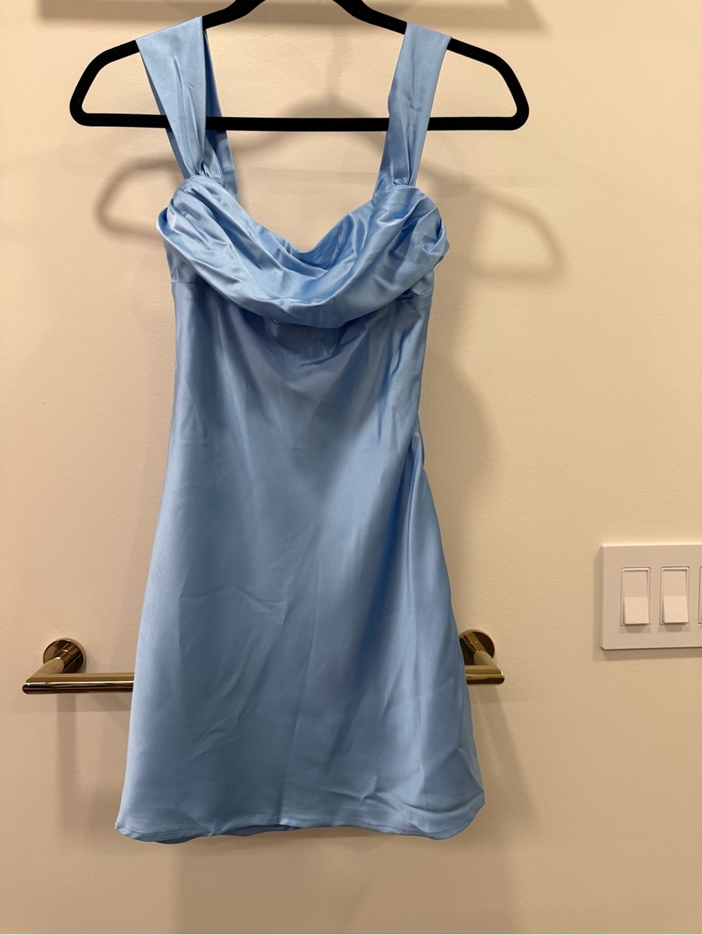 Beginning Boutique Powder Blue Satin Cowl Neck Mini Dress
